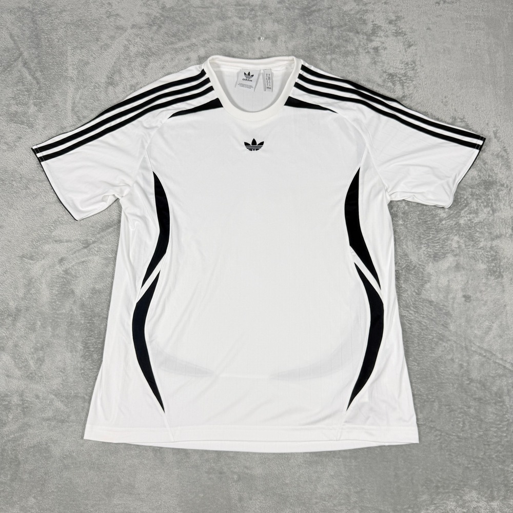 Adidas Mens Medium T-Shirt White Black Trefoil Logo Stripe Jersey Athletic Top